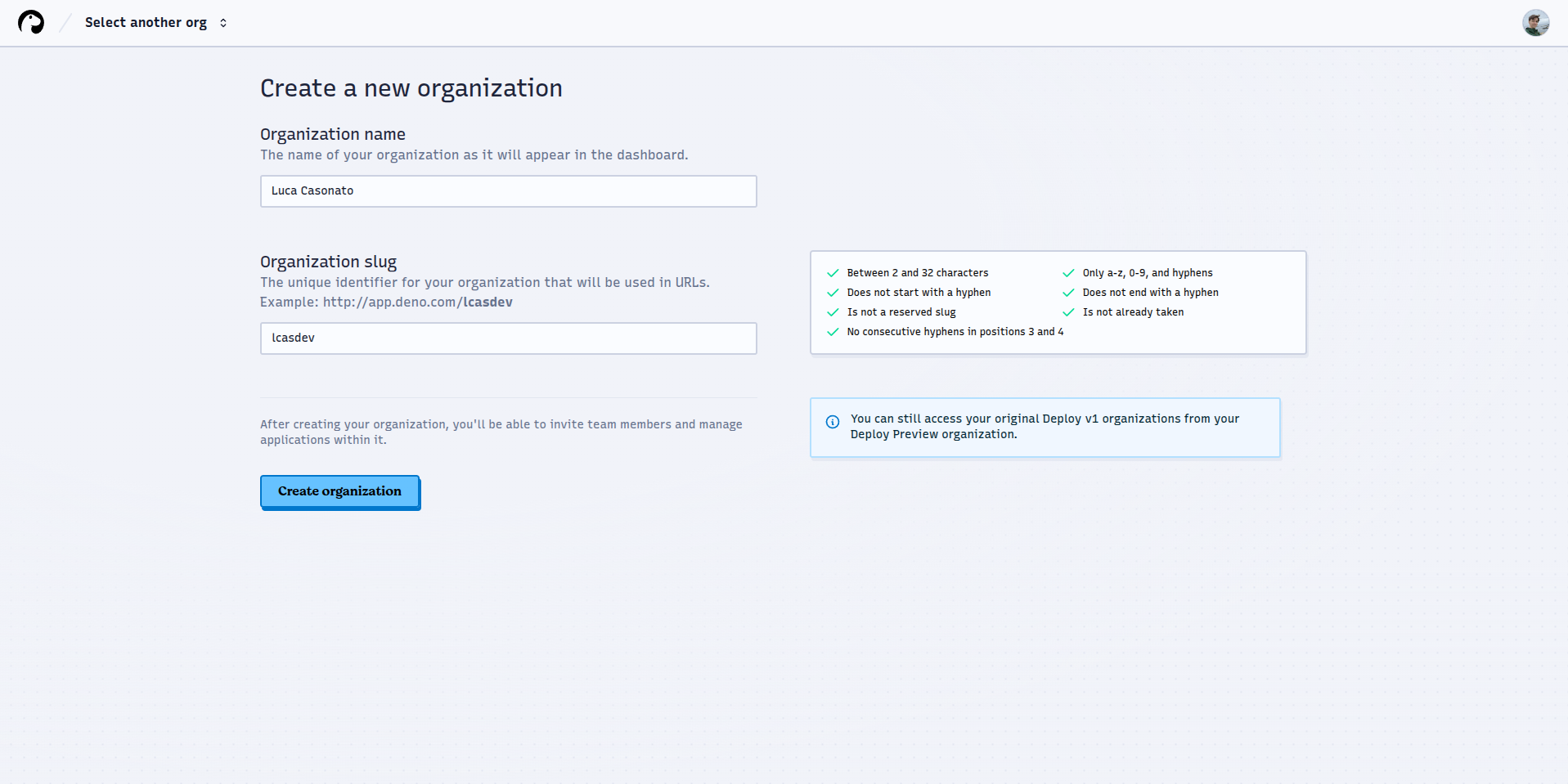 The Deno Deploy organization creation screen.