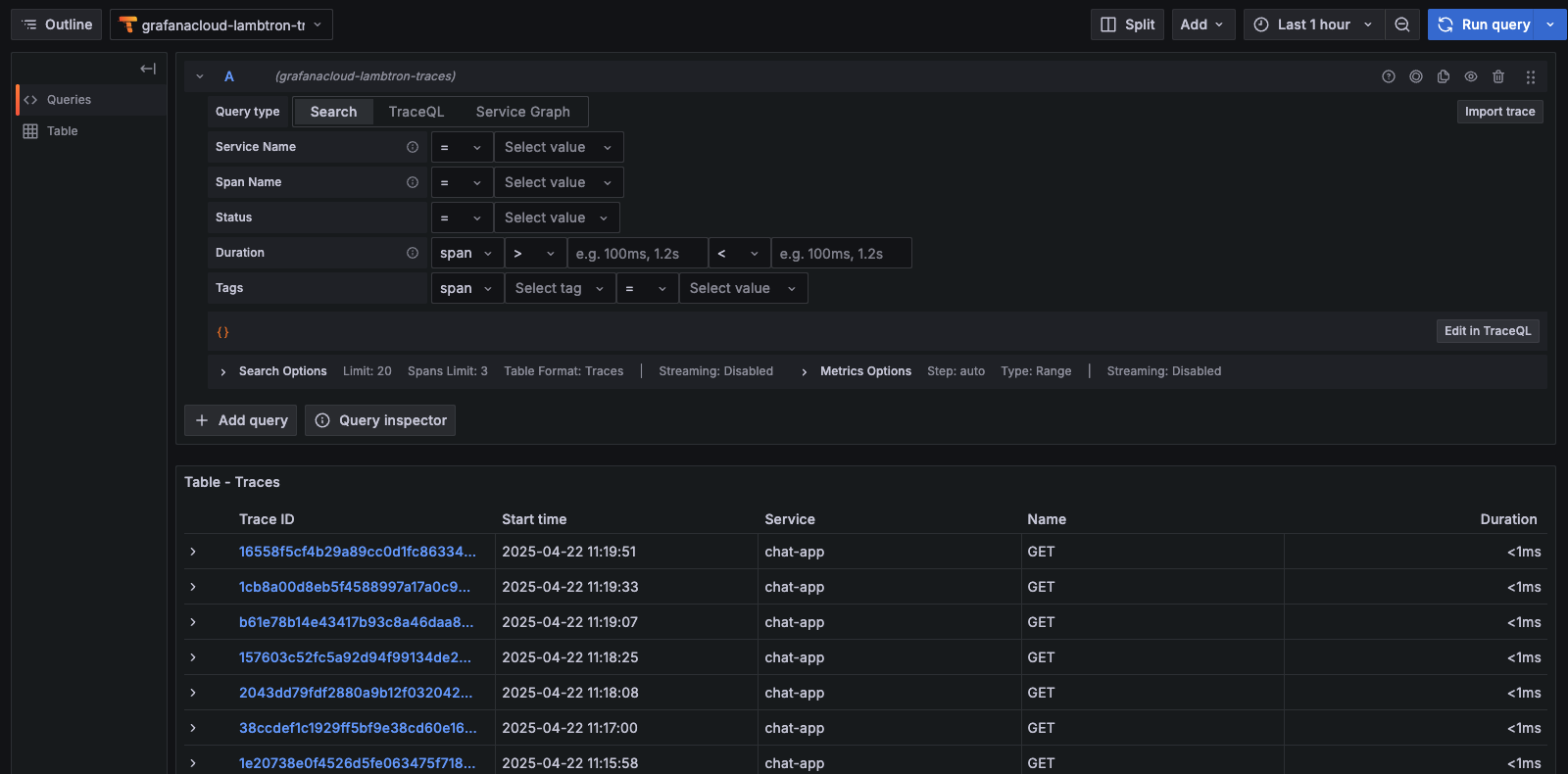 Viewing traces in Grafana